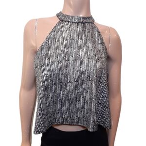 Stella Luce Metallic Halter Crop Top Stretchy Sleeveless Black Silver Size XL